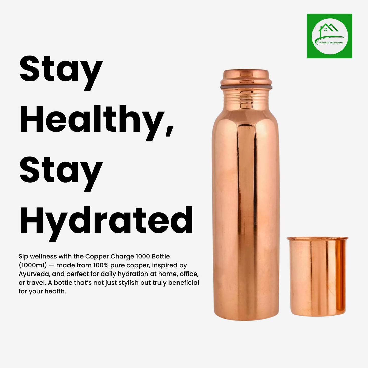 Copper Water Bottle Leakproof Lightweight BPA Free Brown 1000ml for Daily Use