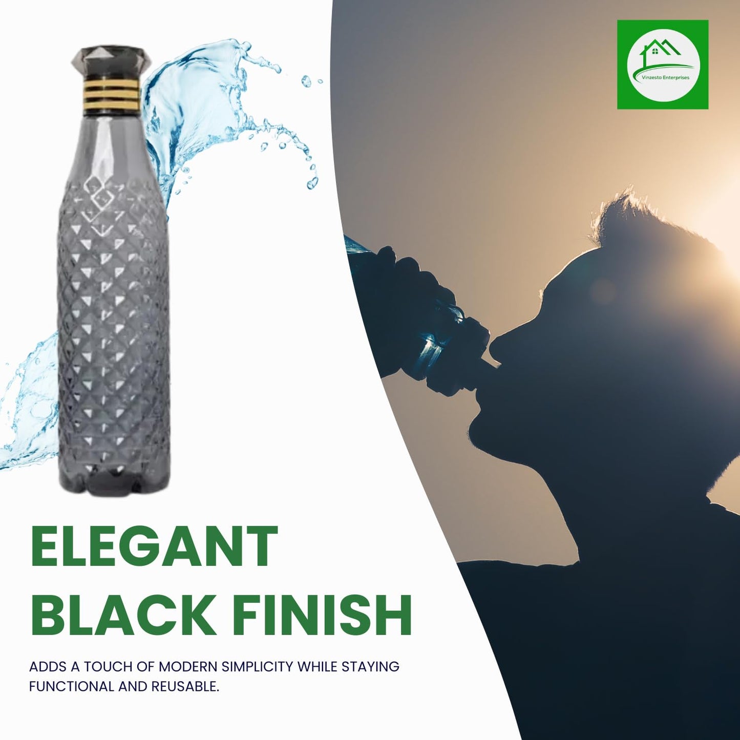 Diamond Cut Water Bottle Set Black Leakproof Plastic Fridge Bottle Pack of 6