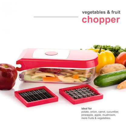 2 in 1 Plastic Vegetable and Fruit Chopper Cutter, Red, with 2 Interchangeable Blades and Collection Container