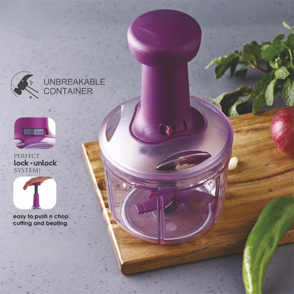 Manual Food Chopper with 4 Stainless Steel Blades | Hand Press Vegetable Cutter for Onion, Tomato, Potato & Salad | Multipurpose Kitchen Chopper (1000 ML)