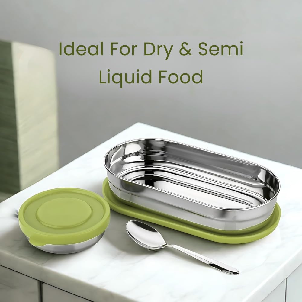 Stainless Steel Lunch Box 450 ml with Leakproof Lid & Spoon | Oval Tiffin Box for Kids, Boys, Girls & Women | Durable Steel Lunch Box for School, Office & Travel