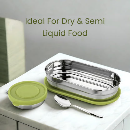 Stainless Steel Lunch Box 450 ml with Leakproof Lid & Spoon | Oval Tiffin Box for Kids, Boys, Girls & Women | Durable Steel Lunch Box for School, Office & Travel