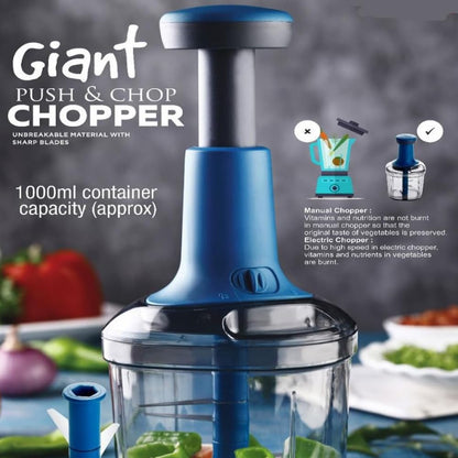 Manual Food Chopper with 4 Stainless Steel Blades | Hand Press Vegetable Cutter for Onion, Tomato, Potato & Salad | Multipurpose Kitchen Chopper (1000 ML)