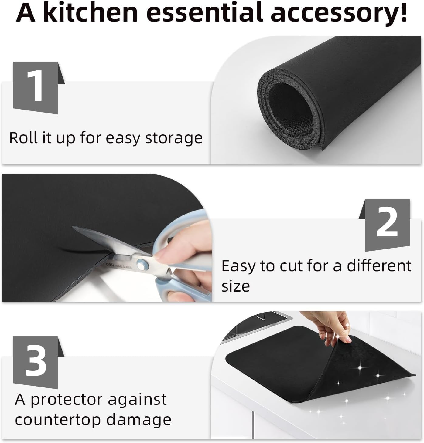 Dish Drying Mat for Kitchen, Large PU Leather, Waterproof and Leak Proof, Non-Slip Rubber Backing, 40 x 60 cm, Black
