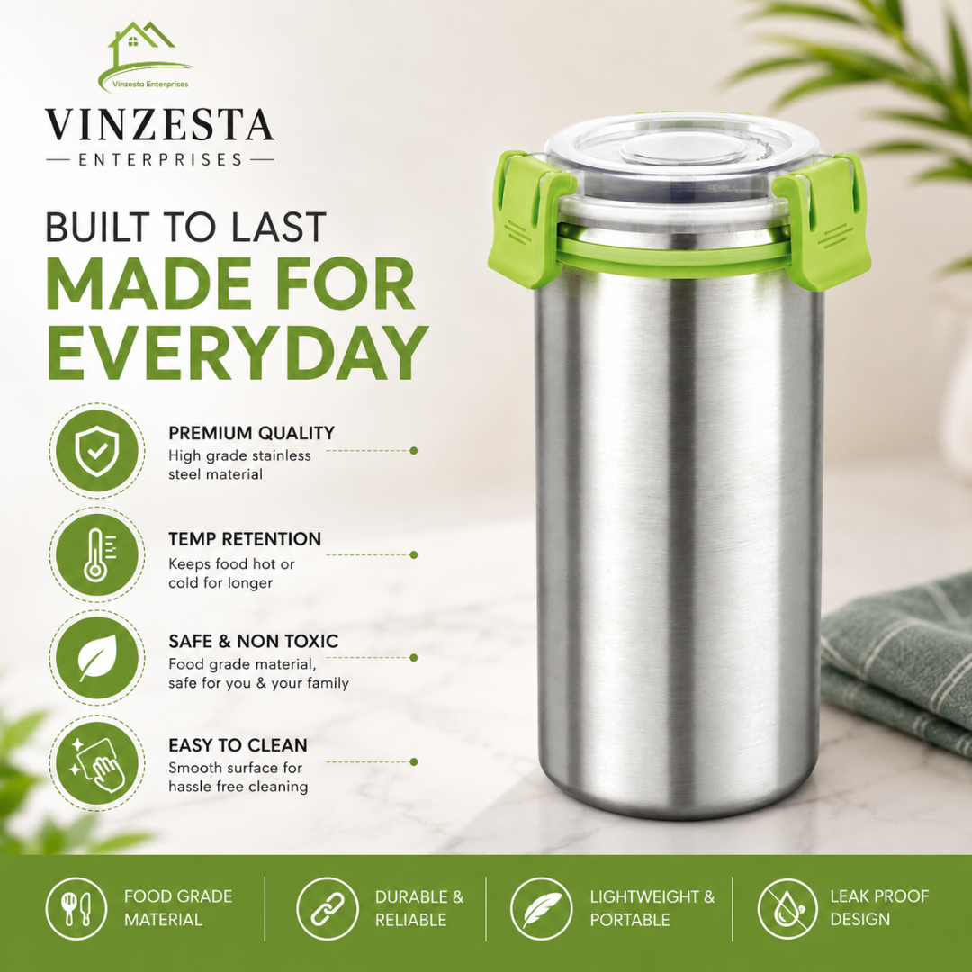 Stainless Steel Food Container 500ml with Airtight Leak-Resistant Lid, Green Locking Clips