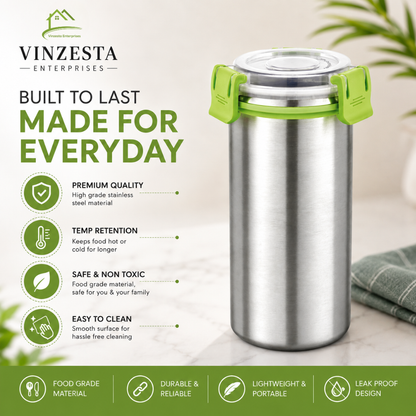 Stainless Steel Food Container 500ml with Airtight Leak-Resistant Lid, Green Locking Clips
