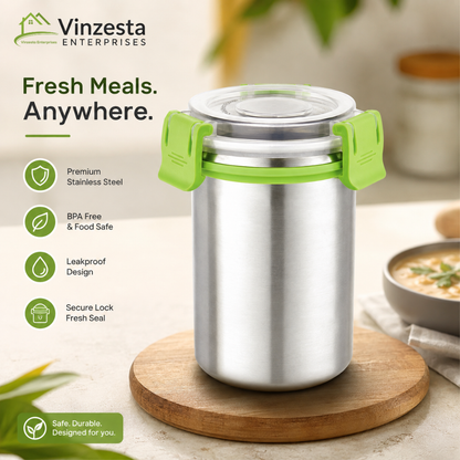 Stainless Steel Food Container 350ml with Airtight Lid and Secure Locking Clips