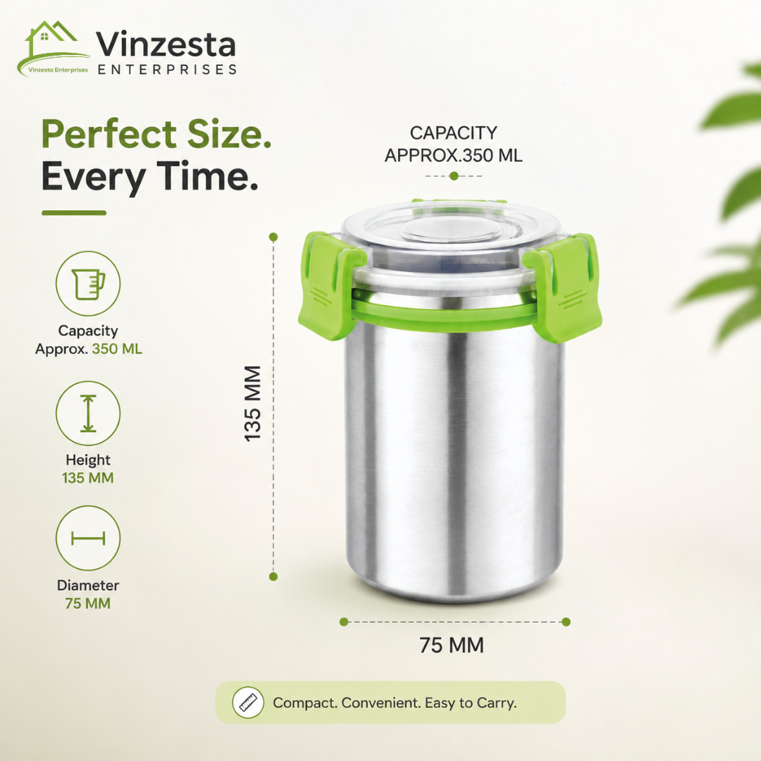 Stainless Steel Food Container 350ml with Airtight Lid and Secure Locking Clips