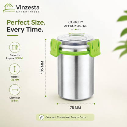 Stainless Steel Food Container 350ml with Airtight Lid and Secure Locking Clips