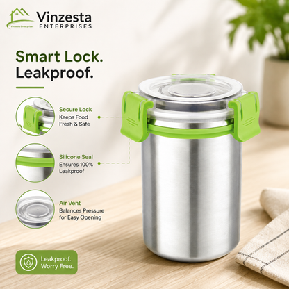 Stainless Steel Food Container 350ml with Airtight Lid and Secure Locking Clips