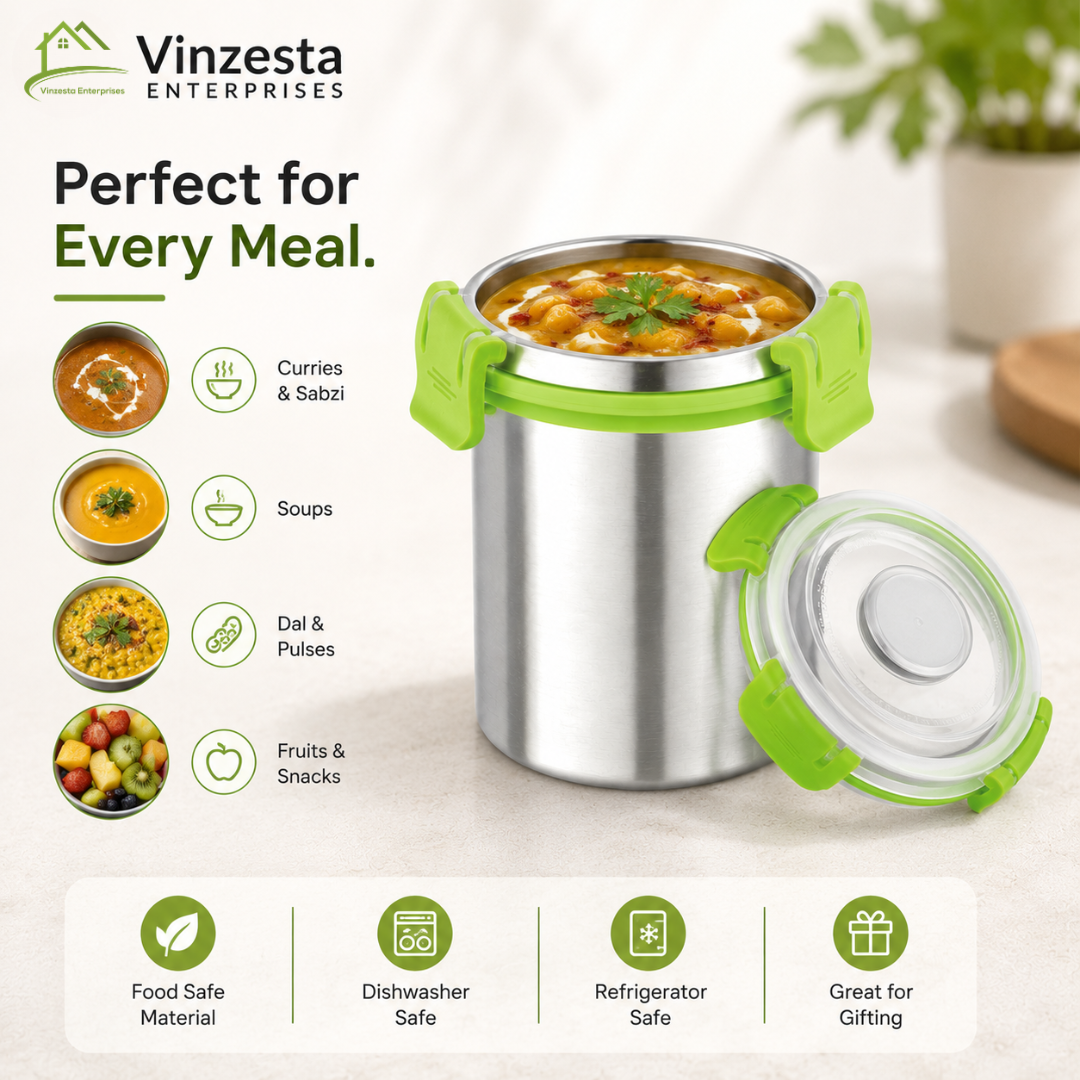 Stainless Steel Food Container 350ml with Airtight Lid and Secure Locking Clips