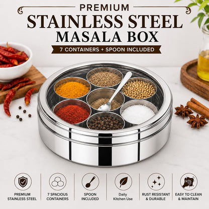 Stainless Steel Masala Box Spice Storage Container Silver 7 Bowl Leak Proof