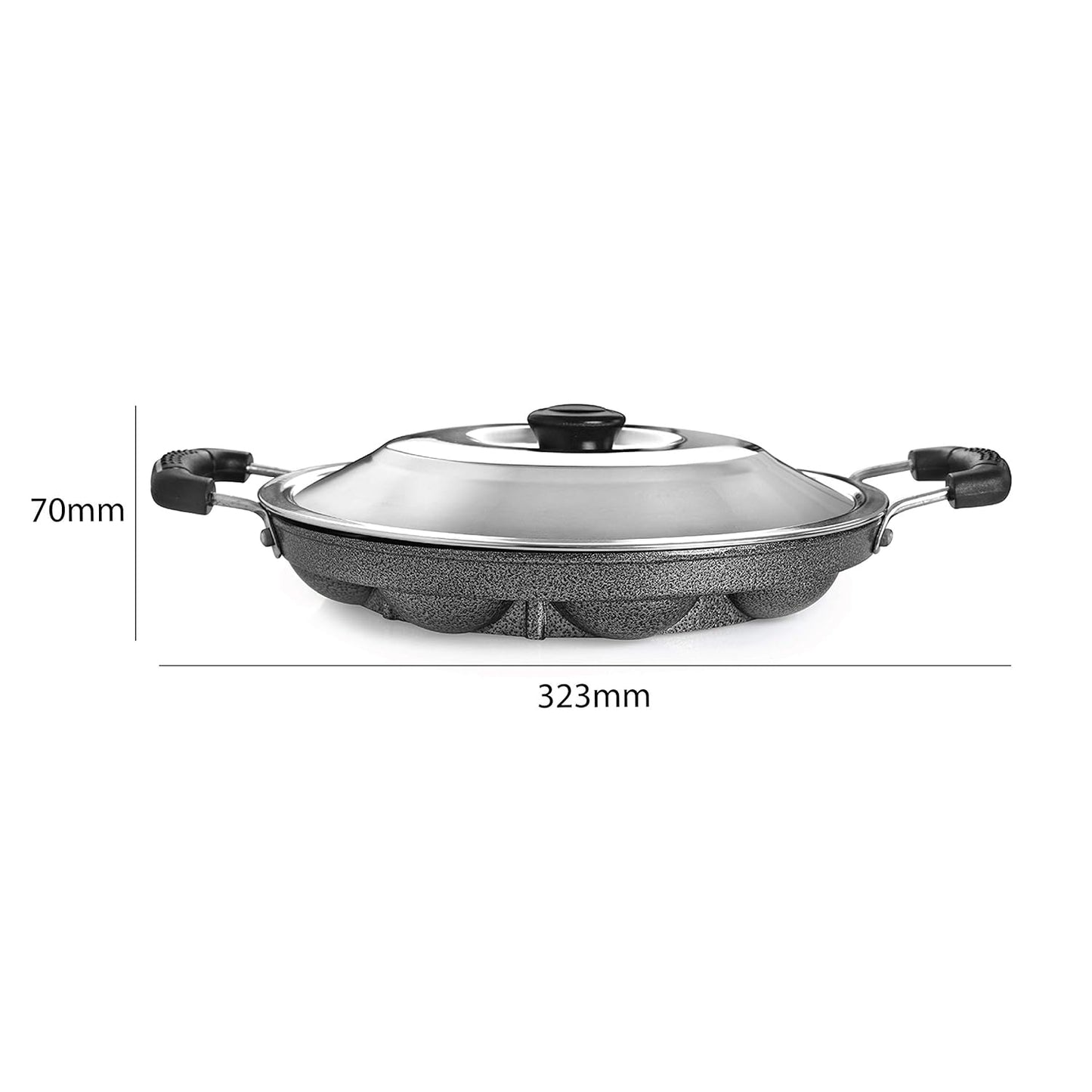 Vinzesta 12 Cavity Non-Stick Appam Patra with Lid & Dual Handles Black