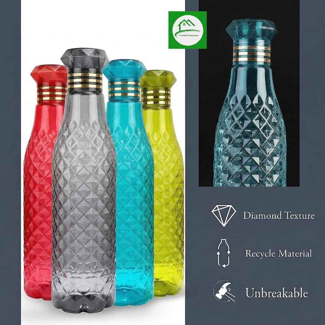 Diamond Style Plastic Water Bottle, BPA Free, Airtight, 1 Litre, Pack of 6, Multicolour (Pack of 6)
