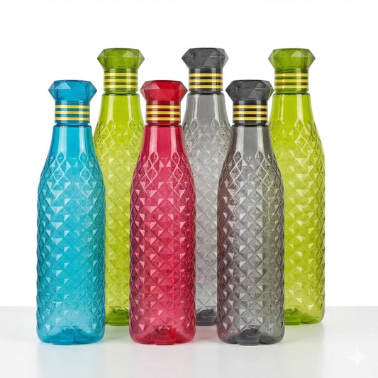 Diamond Style Plastic Water Bottle, BPA Free, Airtight, 1 Litre, Pack of 6, Multicolour (Pack of 6)