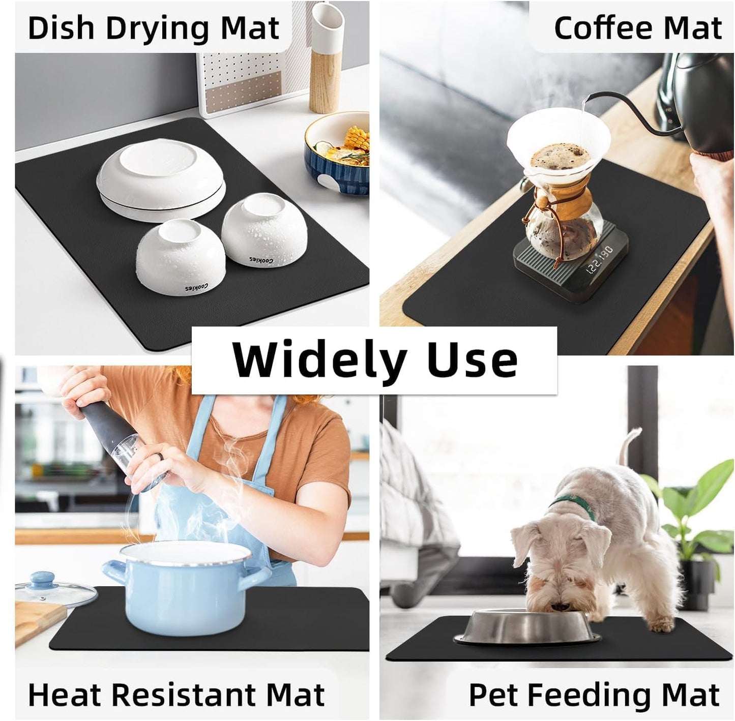 Dish Drying Mat for Kitchen, Large PU Leather, Waterproof and Leak Proof, Non-Slip Rubber Backing, 40 x 60 cm, Black