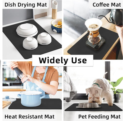 Dish Drying Mat for Kitchen, Large PU Leather, Waterproof and Leak Proof, Non-Slip Rubber Backing, 40 x 60 cm, Black