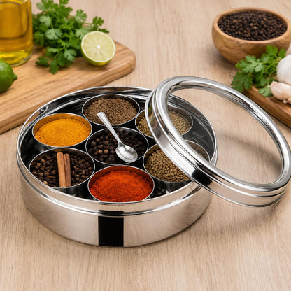 Stainless Steel Masala Box Spice Storage Container Silver 7 Bowl Leak Proof
