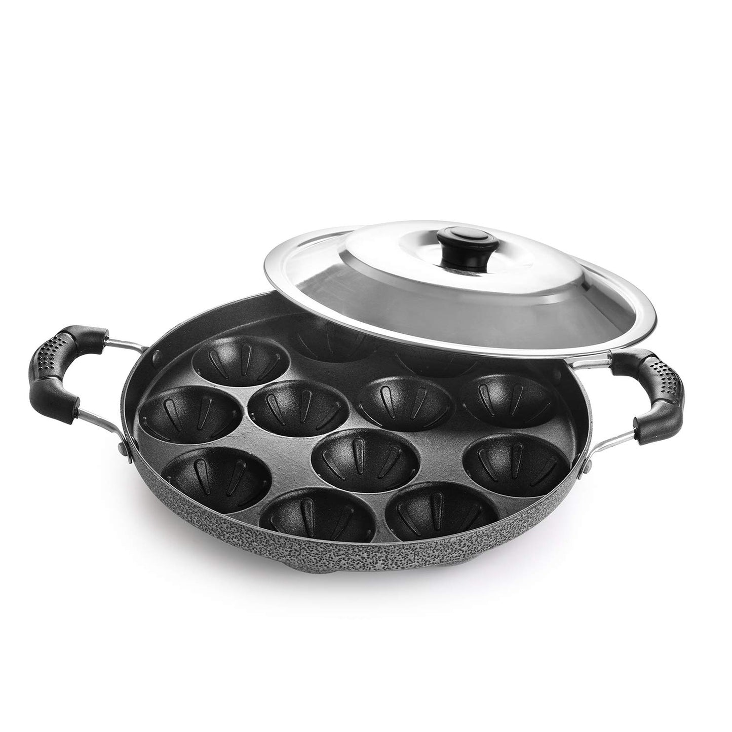 Vinzesta 12 Cavity Non-Stick Appam Patra with Lid & Dual Handles Black
