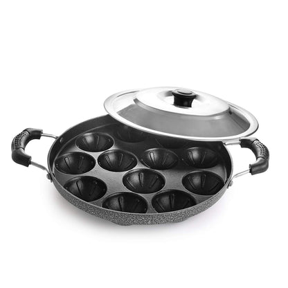 Vinzesta 12 Cavity Non-Stick Appam Patra with Lid & Dual Handles Black