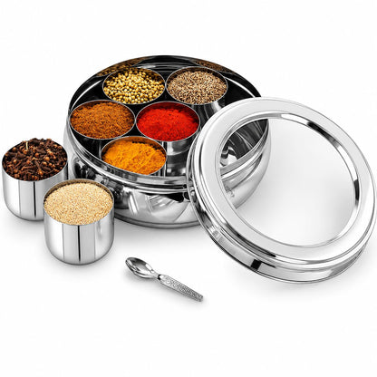 Stainless Steel Masala Box Spice Storage Container Silver 7 Bowl Leak Proof