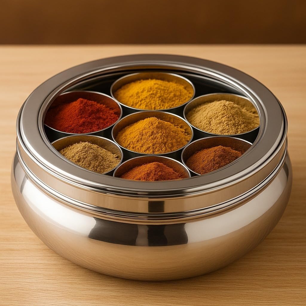 Stainless Steel Masala Box Spice Storage Container Silver 7 Bowl Leak Proof