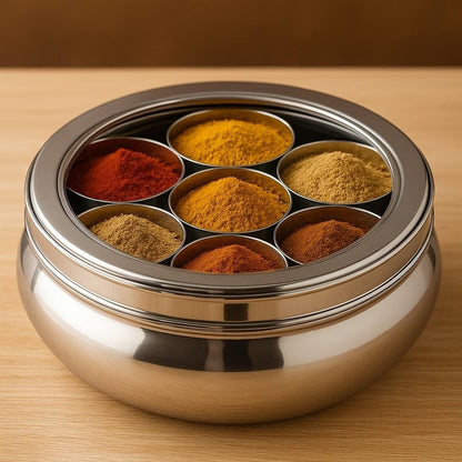Stainless Steel Masala Box Spice Storage Container Silver 7 Bowl Leak Proof