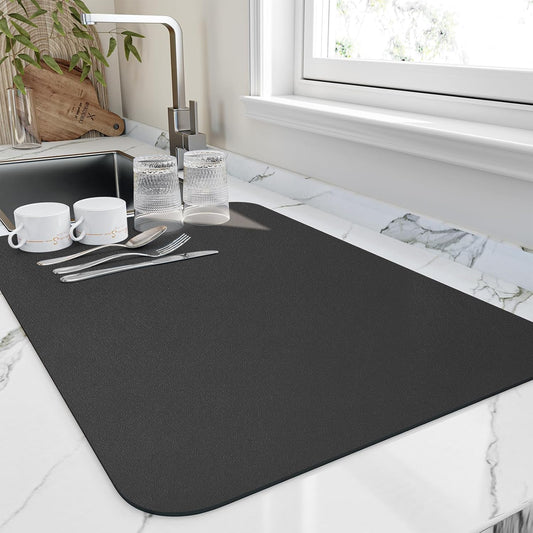 Dish Drying Mat for Kitchen, Large PU Leather, Waterproof and Leak Proof, Non-Slip Rubber Backing, 40 x 60 cm, Black