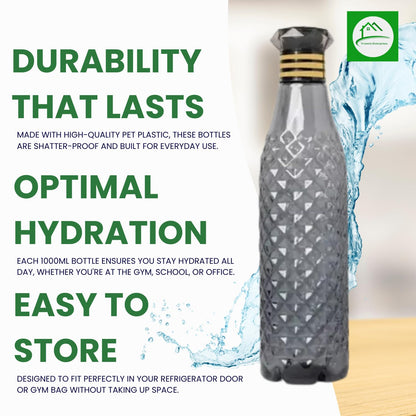 Diamond Cut Water Bottle Set Black Leakproof Plastic Fridge Bottle Pack of 6