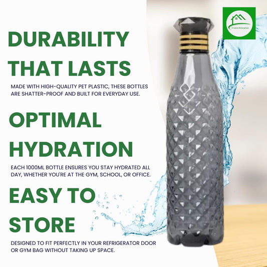 Diamond Cut Water Bottle Set Black Leakproof Plastic Fridge Bottle Pack of 6