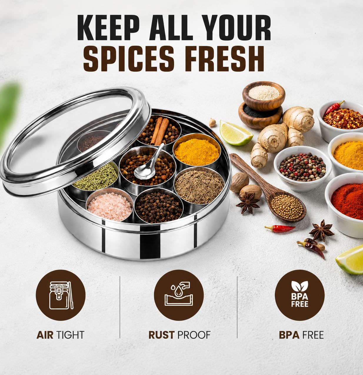 Stainless Steel Masala Box Spice Storage Container Silver 7 Bowl Leak Proof