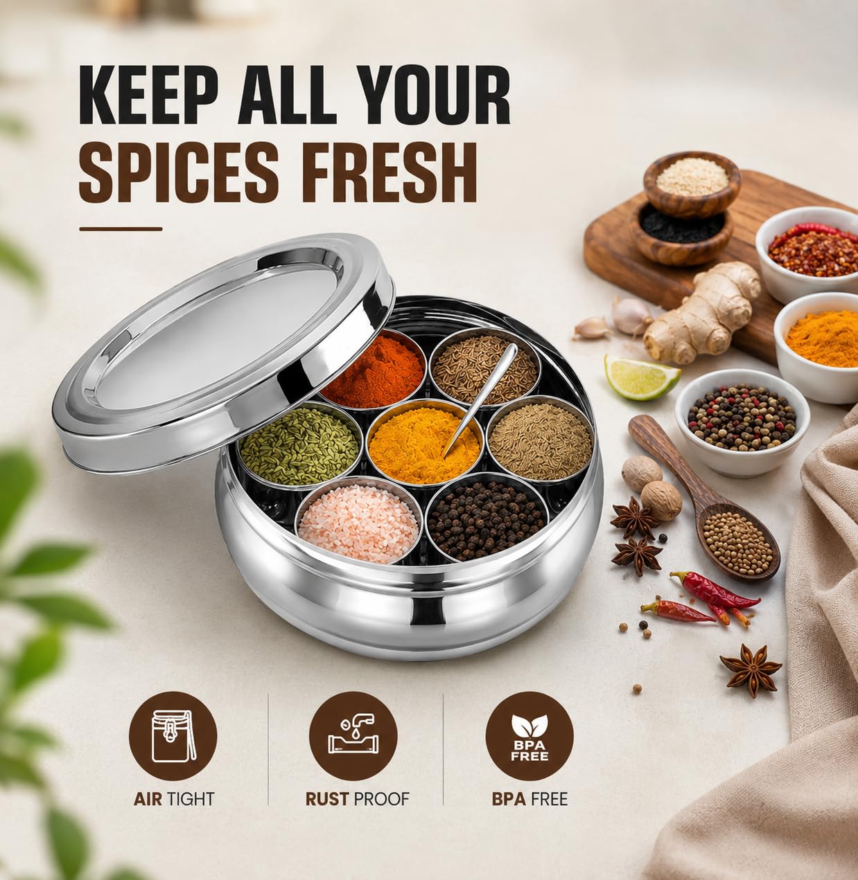 Stainless Steel Masala Box Spice Storage Container Silver 7 Bowl Leak Proof