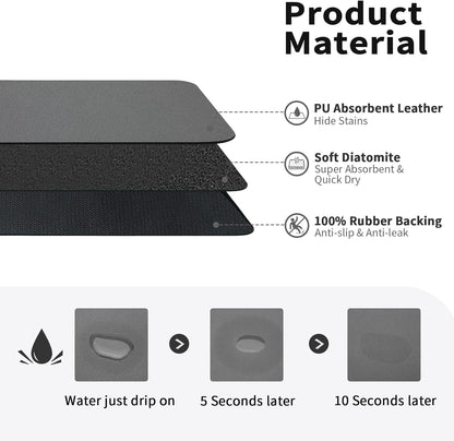 Dish Drying Mat for Kitchen, Large PU Leather, Waterproof and Leak Proof, Non-Slip Rubber Backing, 40 x 60 cm, Black