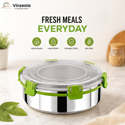 Stainless Steel Lunch Box 1250ml with Leakproof Lid and Secure Locking Clips