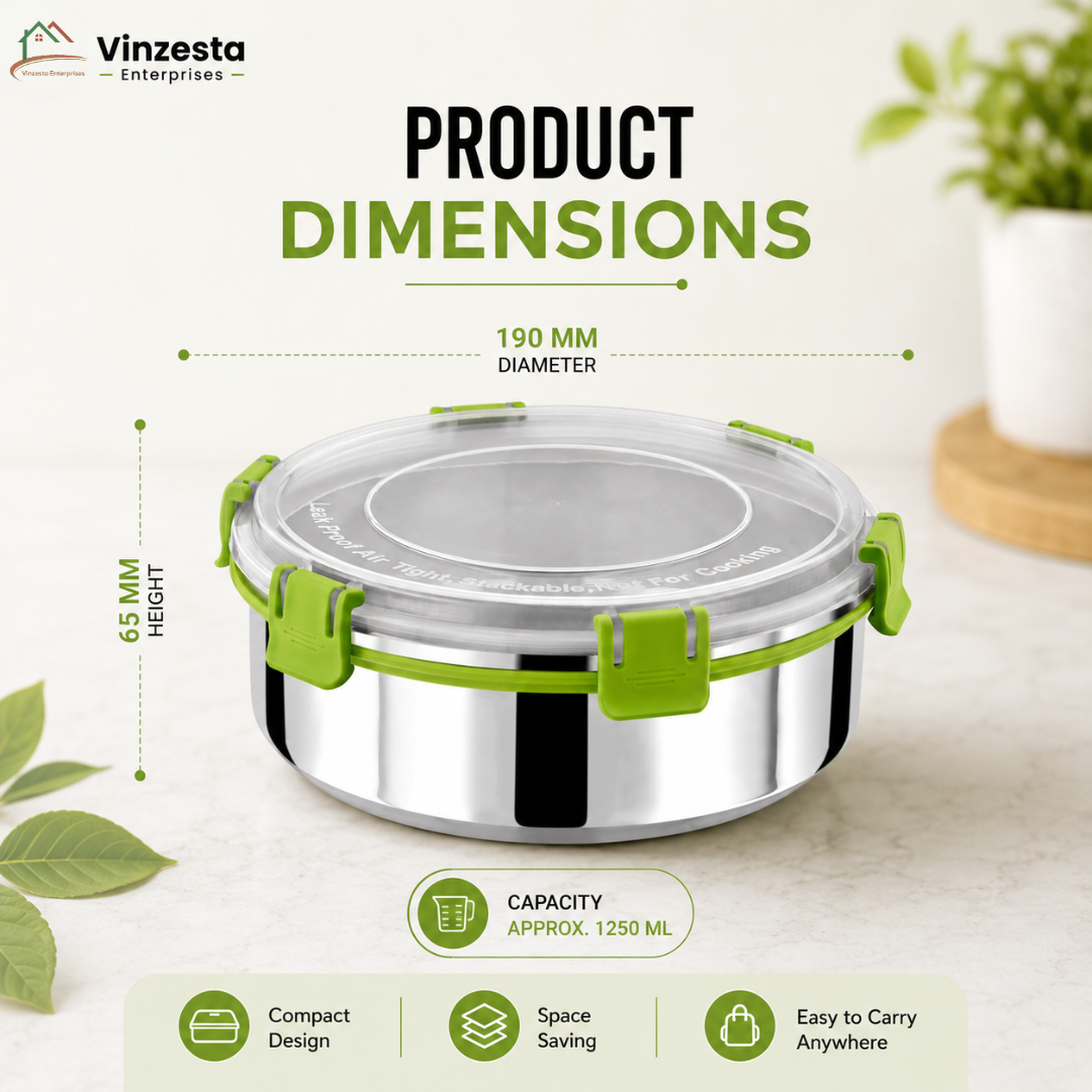 Stainless Steel Lunch Box 1250ml with Leakproof Lid and Secure Locking Clips