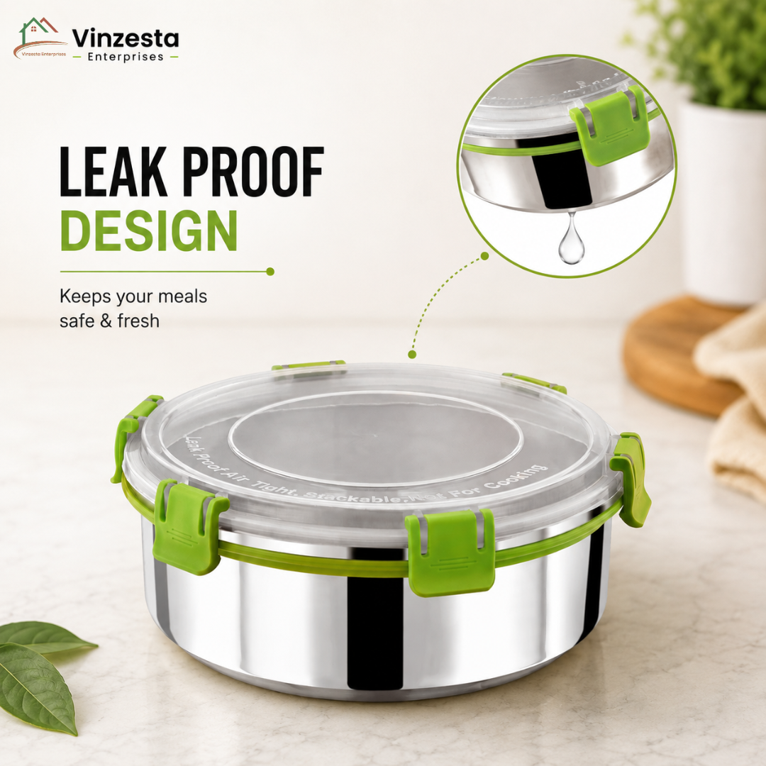 Stainless Steel Lunch Box 1250ml with Leakproof Lid and Secure Locking Clips