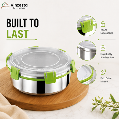 Stainless Steel Lunch Box 1250ml with Leakproof Lid and Secure Locking Clips