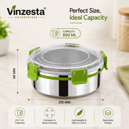 Stainless Steel Lunch Box 850ml with Leakproof Lid and Secure Locking Clips