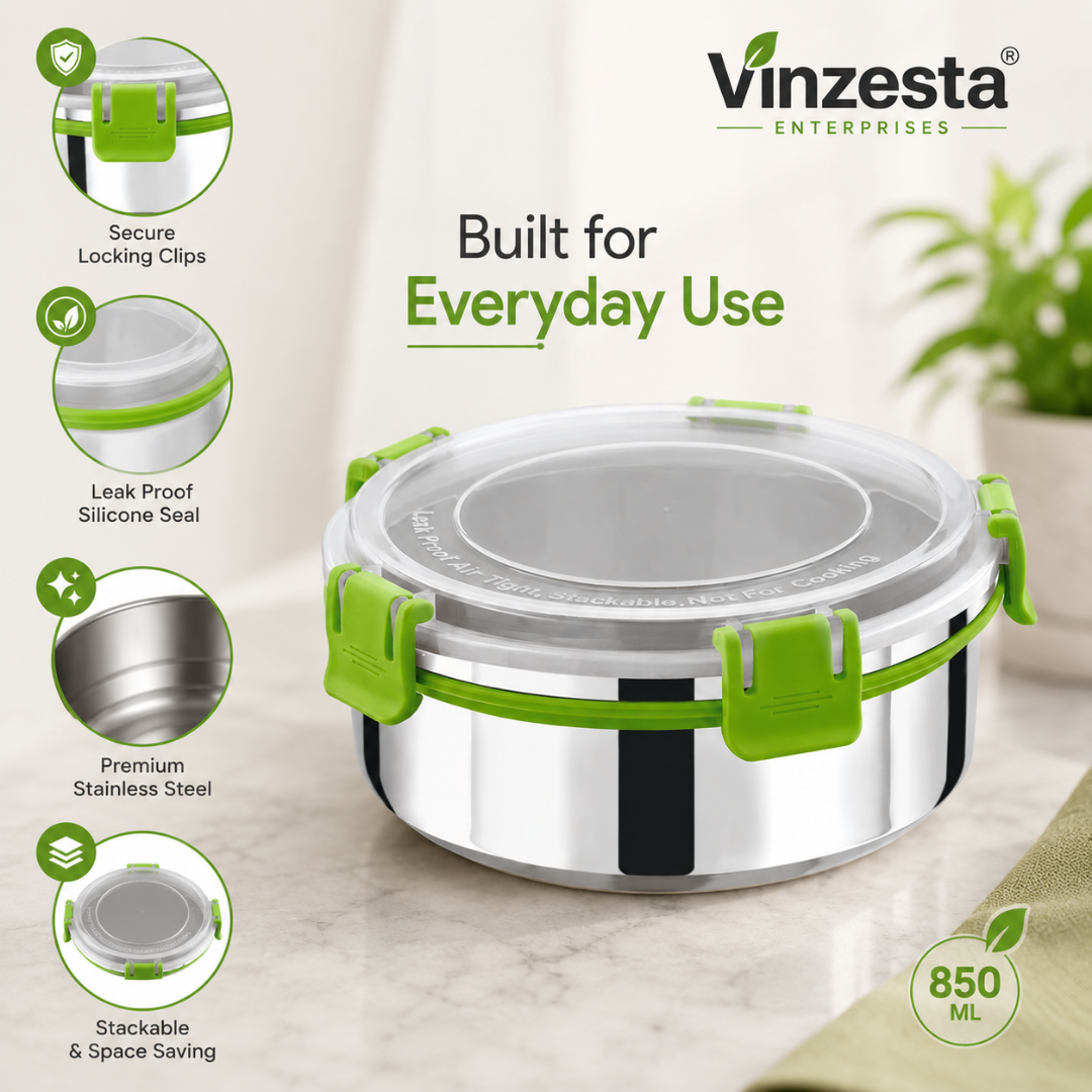 Stainless Steel Lunch Box 850ml with Leakproof Lid and Secure Locking Clips