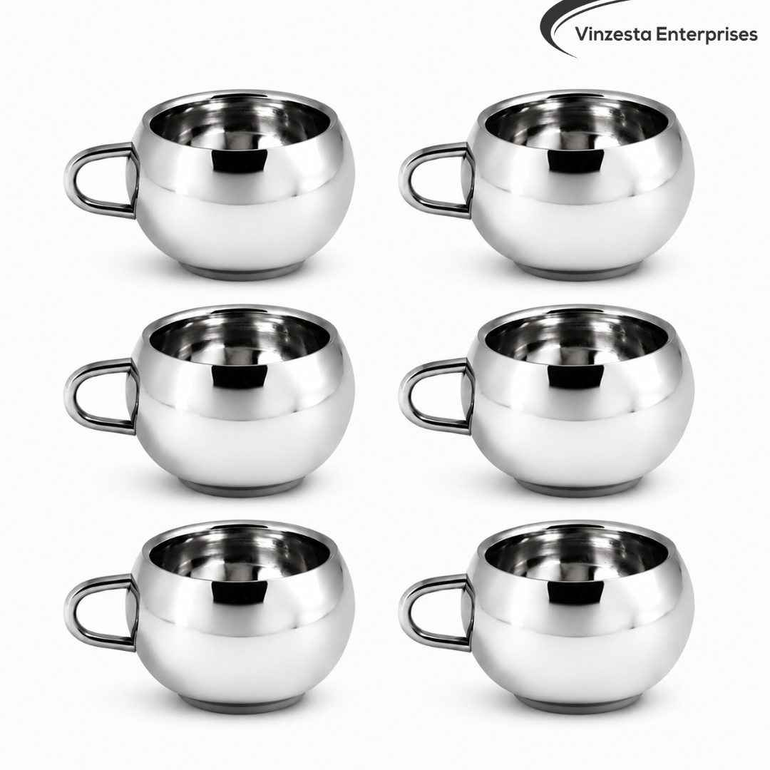 Stainless Steel Tea Cups 120ml Round Polished Steel Cups Set for Home & Gifting