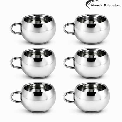 Stainless Steel Tea Cups 120ml Round Polished Steel Cups Set for Home & Gifting