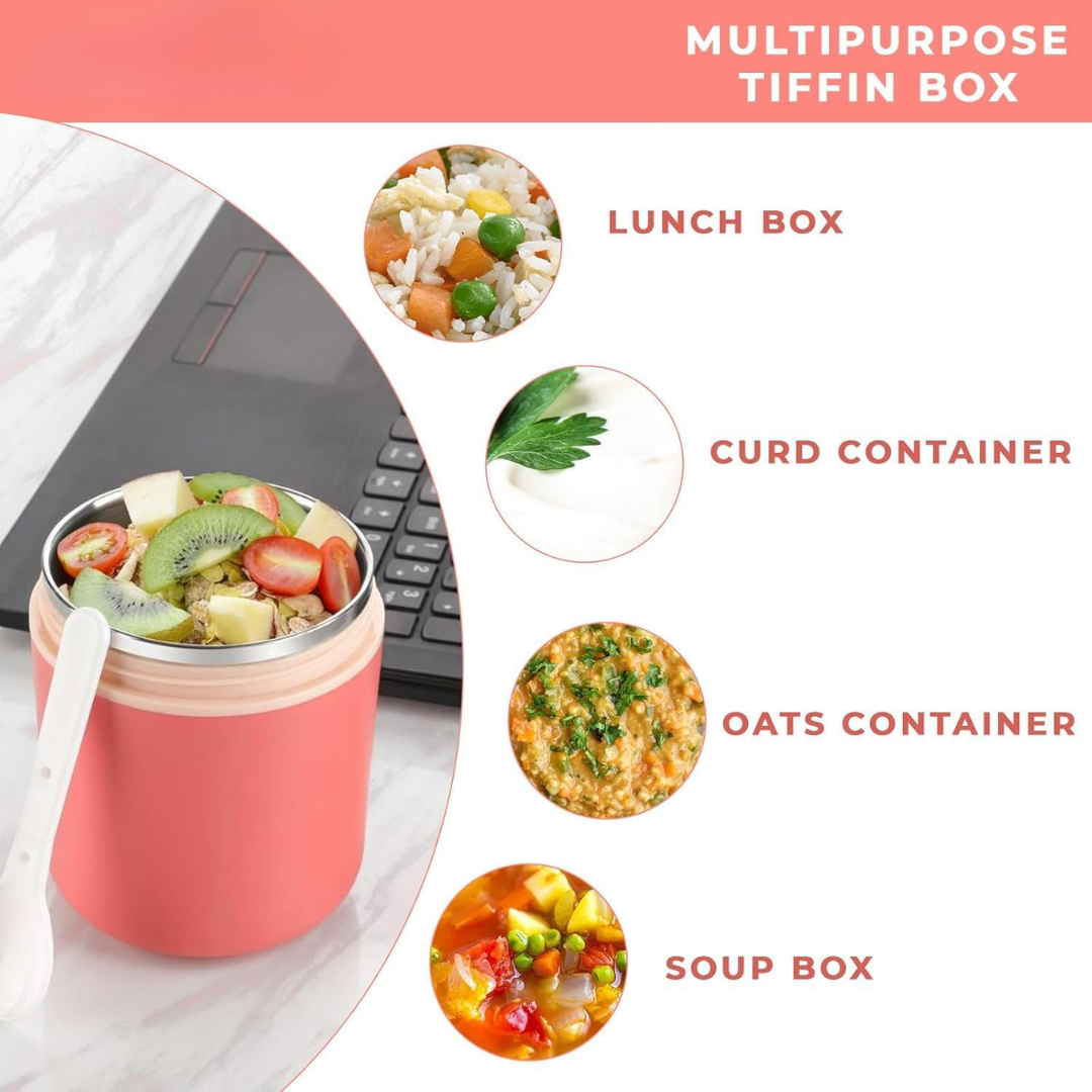 Vinzesta Stainless Steel Soup Cup Food Jar with Spoon Leakproof Pink