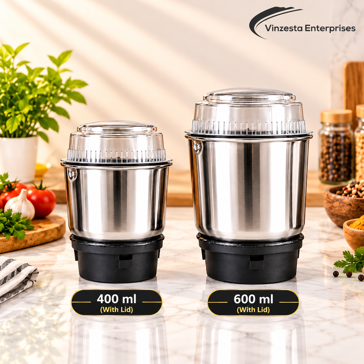 Stainless Steel Mixer Grinder Jar Combo 400ml & 600ml with Lids