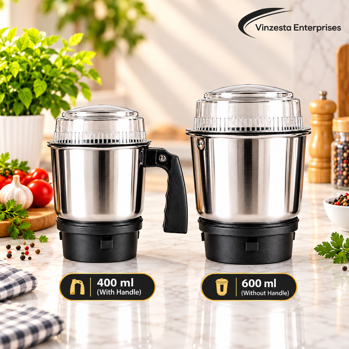 Stainless Steel Mixer Grinder Jar Combo 400ml with Handle & 600ml Without Handle