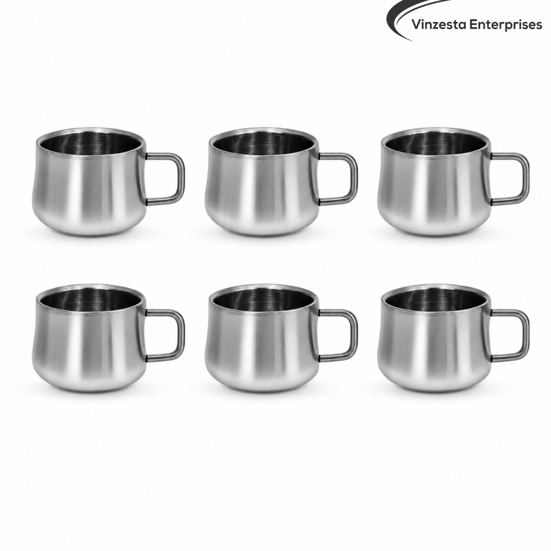 Stainless Steel Tea Cups 120ml Rounded Body with Loop Handle Set