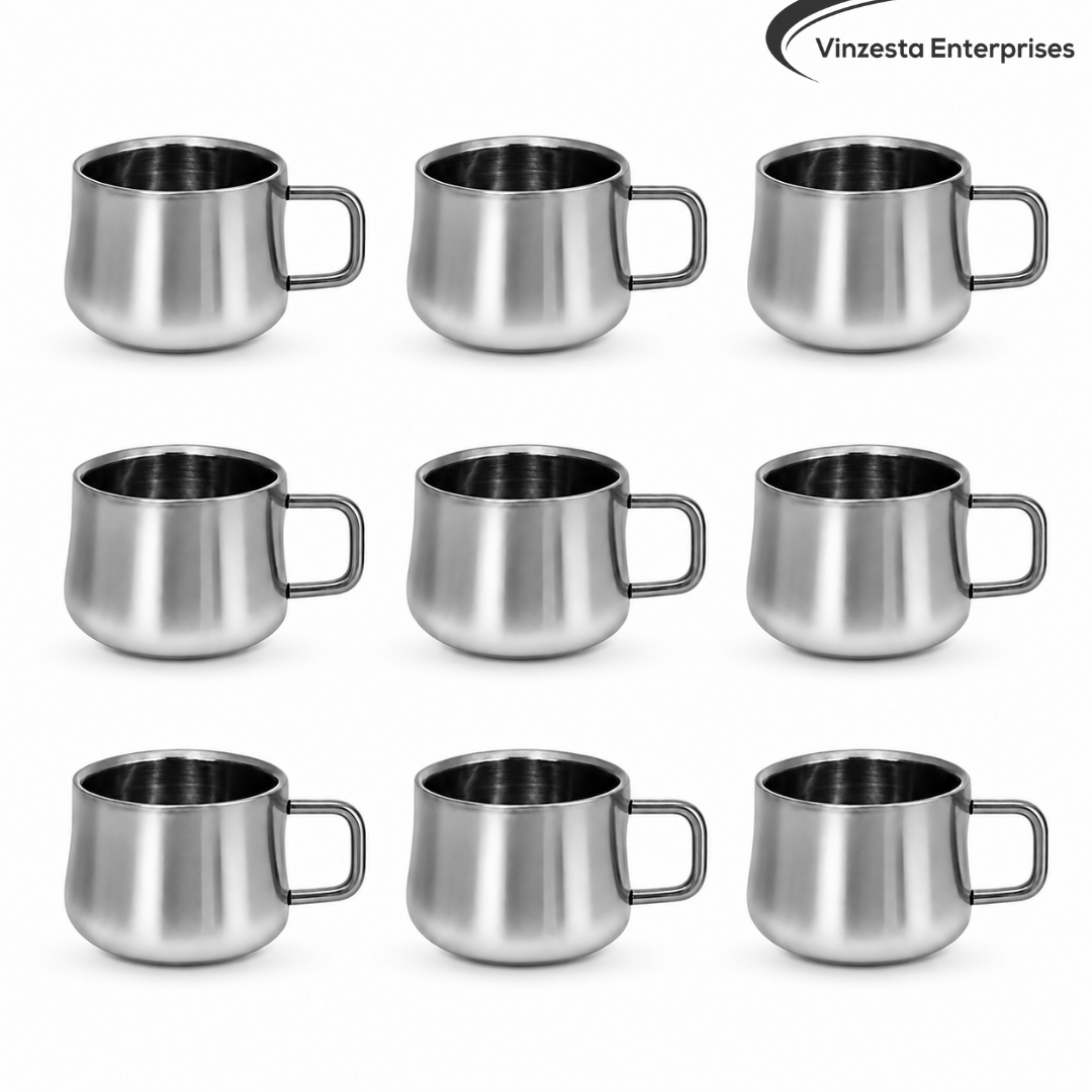 Stainless Steel Tea Cups 120ml Rounded Body with Loop Handle Set