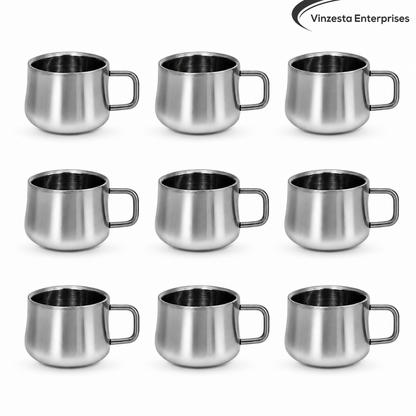 Stainless Steel Tea Cups 120ml Rounded Body with Loop Handle Set