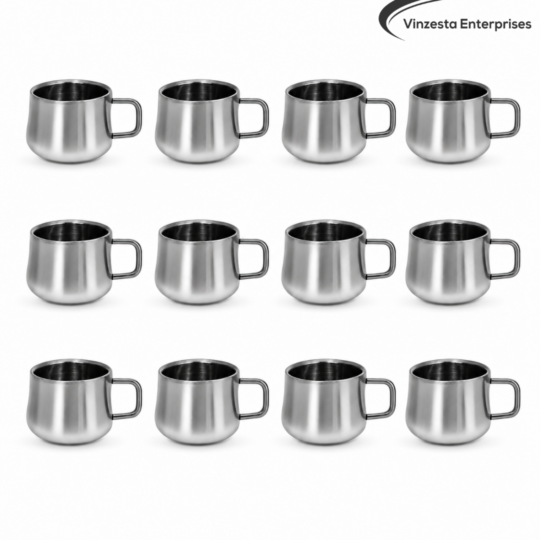 Stainless Steel Tea Cups 120ml Rounded Body with Loop Handle Set