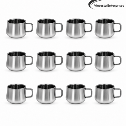 Stainless Steel Tea Cups 120ml Rounded Body with Loop Handle Set