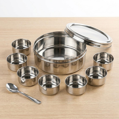 Stainless Steel Masala Box Spice Storage Container Silver 7 Bowl Leak Proof